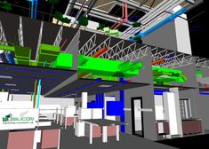 this is an image of a room with green and blue beams on the ceiling in 3d