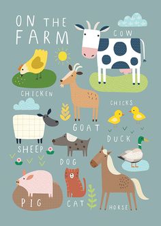 a poster with farm animals on it and the words'on the farm'in english