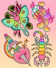 an image of some tattoos on a pink and yellow background with hearts, scorpions, crabs