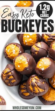 chocolate covered oranges with caramel drizzle on top and text overlay that reads easy keto buckeyes