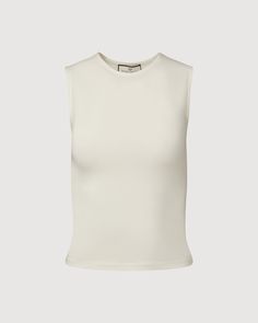 White Solid Fitted Sleeveless Muscle Tee, Fitted Sleeveless Muscle Tee, Fitted Summer Muscle Tee Tank, Fitted Summer Tank Muscle Tee, Fitted Tank Muscle Tee For Summer, High Neck Tank Top For Summer Layering, Spring High Stretch Crew Neck Tank Top, High Stretch Crew Neck Tank Top For Spring, Everyday Second-skin Sleeveless Tops