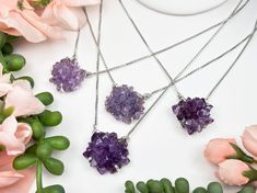 Adorable and classic amethyst cluster necklace that will never go out of style! Featuring a sterling silver box chain with a single small amethyst cluster pendant that hangs from a ring on each side. The chain is super adjustable and can be worn at 5 different lengths. While you cannot choose the exact necklace you will receive, you can select Chain adjusts from 14" to 18" with an adjustment at each inch. You will received ONE necklace that is intuitively picked for you of your selected color ra Lavender Stone Jewelry Gift, Fine Jewelry Cluster Gift, Sterling Silver Cluster Gemstone Jewelry, Amethyst Pendant Jewelry With Adjustable Chain, Amethyst Cluster Gemstone Jewelry, Silver Cluster Gemstone Jewelry, Purple Sterling Silver Jewelry With Adjustable Chain, Dark Amethyst, Light Amethyst