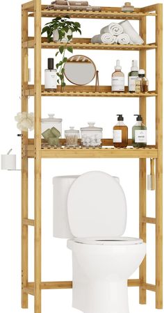 a wooden shelf with shelves holding various items and a toilet bowl in front of it