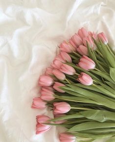 a bunch of pink tulips laying on a white sheet with green stems in the middle