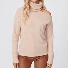 Show A Bit Of Shoulder In This Cozy Wool-Blend Sweater Designed With A Slit Above One Sleeve For A Dash Of Asymmetry. In An Alluring Tan Hue With A Fold-Over Turtleneck, Long Sleeves, Dropped Shouders And Extended Rib-Knit Cuffs. 70% Wool, 30% Nylon Model Is 175cm/5'11" And Is A Wearing A Size Xs Classic Turtleneck, Camel Sweaters, Sweater Design, Wool Blend Sweater, Knit Cuff, Ladies Boutique, Shoulder Sweater, Colorful Sweaters, Rib Knit