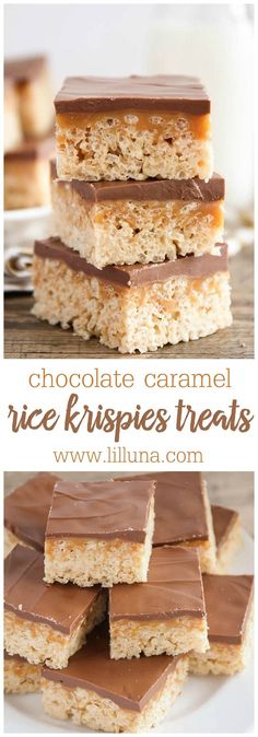 chocolate caramel rice krispies treats stacked on top of each other with the words, chocolate caramel rice krispies treats