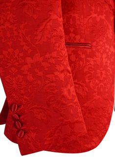 Red Designer Fiore Fabric Woven In France Satin Signature Shawl Lapels Single Button Closure Soft, natural shoulder construction Chest Barchetta Pocket Dual Vents Satin covered buttons Handmade in any size! Includes a Sebastian Cruz Couture Pocket Square of your choice! All of our jackets are made with 4" extra of fabric to ensure you don't have to send it back to us if it's too small or too big. You can tailor your jacket 2 sizes bigger and/or smaller if needed. We guarantee your satisfaction! Classic Red Outerwear For Wedding, Classic Red Wedding Outerwear, Elegant Fitted Red Blazer, Elegant Red Suits With Buttons, Red Semi-formal Outerwear With Button Closure, Red Party Blazer With Buttons, Red Fitted Outerwear For Wedding, Elegant Red Formal Outerwear, Red Formal Outerwear With Hidden Button Closure