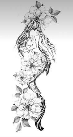 a drawing of a woman with flowers on her head and long hair in the shape of a mermaid