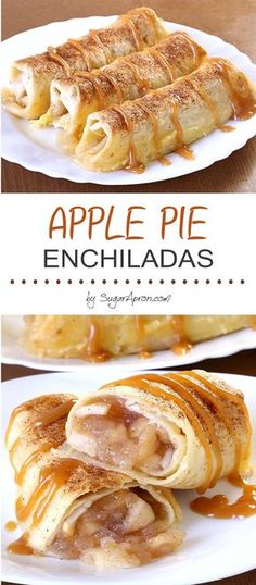 an apple pie enchiladas recipe on a white plate