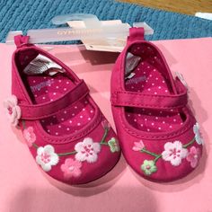 Pink With Flowers On Shoes And Velcro Strap Size 1 Pink Closed Toe Sneakers For Playtime, Spring Playtime Sneakers Closed Toe, Spring Sneakers For Playtime, Spring Playtime Closed Toe Sneakers, Shoes With Flowers, Paw Patrol Shoes, Velvet Dress Shoes, Toddler Girl Dress Shoes, Silver Kitten Heels