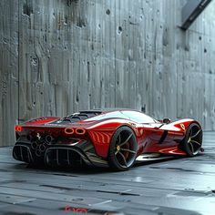 a red and black sports car parked in front of a wooden wall with rain drops on it