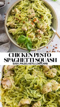 chicken pesto spaghetti in a bowl with basil and parsley