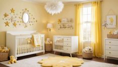 a baby's room decorated in yellow and white