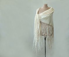 large silk fringed shawl cream silk shawl piano by MulberryWhisper Piano Shawl, Fringe Shawl, Bridal Shawl, Vintage Silk Scarf, Cream Silk, Silk Shawl, Silk Wrap, Vintage Guitars, White Silk