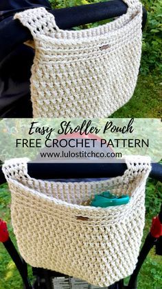 two baskets on the back of a bicycle with text overlay that says easy stroller pouch free crochet pattern