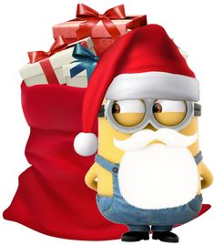 a cartoon minion with a santa hat and glasses holding a bag of gifts in front of him