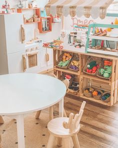 a kitchen filled with lots of different types of furniture and decor on top of hard wood flooring