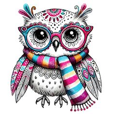 an owl with glasses and a scarf on it's neck is shown in color