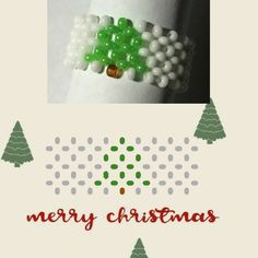 a christmas card with green and white beaded bracelets on it's wrist