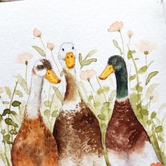 three ducks are standing next to each other in front of some flowers and watercolor paper