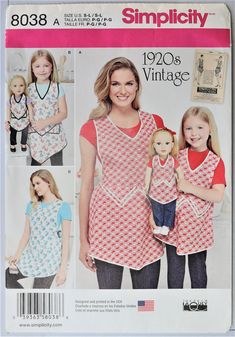 Simplicity 8038.   Retro 1920's misses, child and doll full cover apron pattern.   Child size S-L (3-8); Adult size S-L (10-20).  Doll: 18" size.  See picture 3 for measurements. Pattern is uncut and factory folded. Full cover aprons with back ties.  Edges are finished with contrast bias tape. Make matching aprons for everyone - included the doll!  These are pretty and practical! Girl Apron Pattern, Retro Apron Patterns, Kids Aprons, Vintage Style Aprons, Apron Patterns, Apron Sewing, Vintage Aprons, Girl Apron, Apron Sewing Pattern