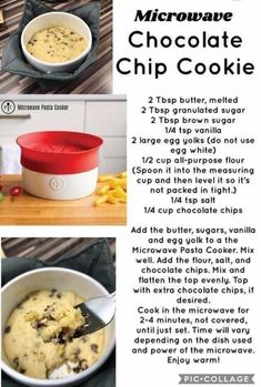 the recipe for microwave chocolate chip cookie is shown in three different pictures and includes instructions to make it