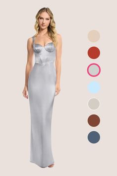 a woman in a long silver dress with different colors and shapes to choose from, including the