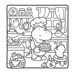 a black and white drawing of a cartoon character cooking in the kitchen with her dog