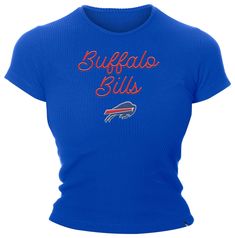 Fit Feminine fit, ribbed t-shirt Durable, ribbed crew neck Tagless collar Style and Team Spirit Screen-printed team graphics Additional Details Officially licensed product Bills Game Outfit, Buffalo Bills Outfit, Buffalo Bills Apparel, Buffalo Bills Baby, Buffalo Bills Stuff, Outfit Bar, Bills Football, Nfl Buffalo Bills, Blue T Shirt