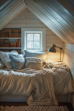 a bed with blankets and pillows in a room under an atticed roof, next to a window