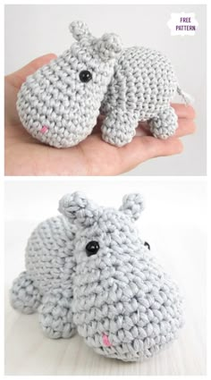 crocheted hippo is shown in two different photos