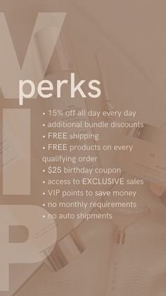 an ad for perks with the words perks on it and other items in front