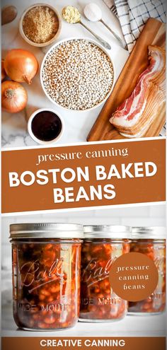 the boston baked beans recipe is shown in jars