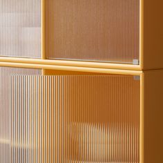 a cat is sitting on the floor in front of a yellow shelf with glass doors