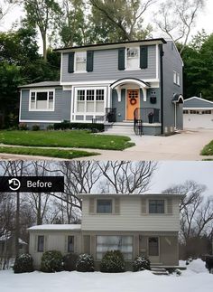 before and after pictures of a house in the snow