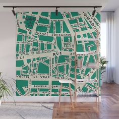 a green and white city map wall mural