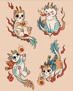 four cats with different designs on them