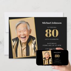 an old man is celebrating his 80th birthday with this personalized photo and card