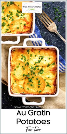 two square casserole dishes with green garnish on top and text overlay that reads au gratin potatoes for two