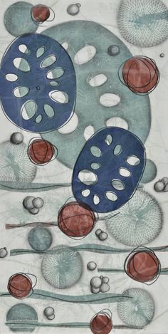 an abstract painting with circles and balls on it's surface in blue, red and grey