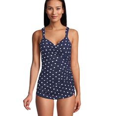 Deep Sea Navy Polka Dot Nylon-Blendtricot Pull On Closure Quality Swimwear: Tops Made With Our Innovative Fabric; Smoothes And Shapes Your Figure For A Slimming Look; Made With Spandex; Resistant To Chlorine Damage; Upf 50 Sun Protection Design Features: Tummy Control Shapewear; V-Neck Cut Flatters Face And Bust; Sewn-In Soft Cups Shape And Support; Padded Shoulder Straps Are Fully Adjustable And Prevent Digging; Skirted Overlay Adds A Modest Touch Elegant Style: Pair With Slides Or Flip Flops; Fitted V-neck Blue Swimwear, Navy Fitted V-neck Swimwear, Control Shapewear, Underwire Tankini, Swim Skirt, Swimsuits For All, Swim Dress, Cover Up Dress, Deep Sea