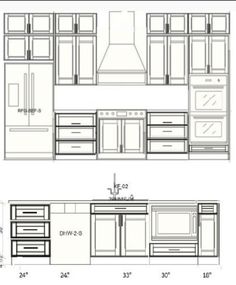 two drawings of kitchen cabinets and drawers with measurements for the top, bottom and bottom