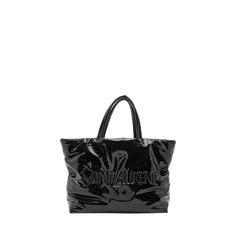 Saint Laurent tote bag in patent leather (polyurethane/polyester) Embossed logo at front Two top carry handles; drop 7.9" Inner, one zip pocket  Approx. 24.4"L x 17.3"H x 7.9"D Made in Italy Saint Laurent Tote Bag, Saint Laurent Tote, Embossed Logo, Patent Leather, Zip Pockets, Saint Laurent, Tops Designs, In Italy, Handles