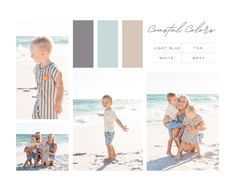 a collage of photos with two children on the beach and one is holding another child