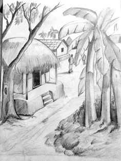 a pencil drawing of a hut in the woods with trees and people walking by it