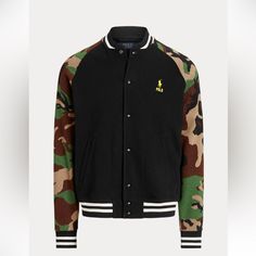 Polo Ralph Lauren Camo Sleeve Baseball Jacket 2xlt New With Tags. Black Military Style Outerwear For Work, Black Cotton Varsity Jacket For Outdoor, Sporty Long Sleeve Camouflage Outerwear, Fitted Camouflage Casual Outerwear, Sporty Camouflage Outerwear For Fall, Casual Camouflage Workwear Outerwear, Baseball Jacket Outfit, Jacket Outfit, Camouflage Print