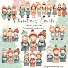 christmas carols digital clipart set with many different people in winter clothes and hats