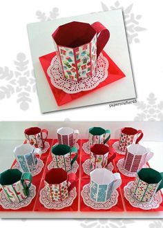 a red tray topped with lots of cups and saucers