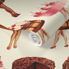 a wallpaper with various images of women and cakes on it, as well as a roll of paper