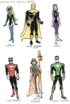 an image of some cartoon characters that are in different colors and sizes, all with capes